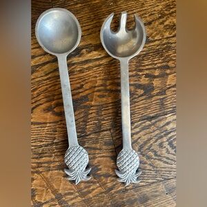 Vtg Pineapple Tropical Cast Aluminum 2 pc Salad Serving Set Spoon Fork Utensils